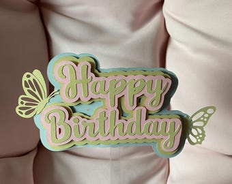 Happy Birthday 3D Cake Topper with Butterflies for Girl's Birthday Party