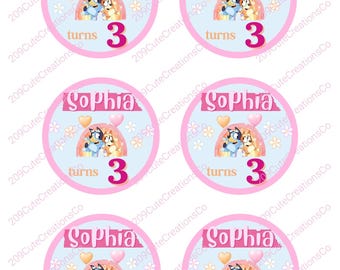 Bluey Inspired Party Favor Stickers! Customized with your name & age! 2x2 inches!