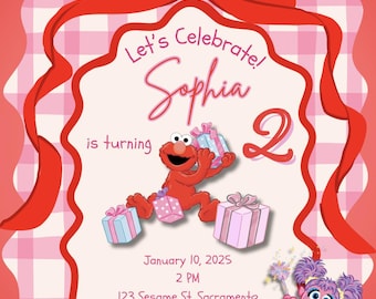 Girly Pink/Red Elmo Inspired Invitation Editable Digital Template. Any age!