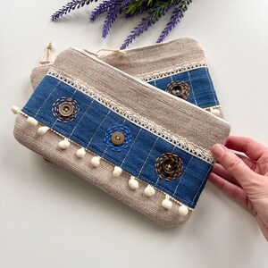 Bolsa com zíper com jeans/bolsa de lona de algodão/estojo de lápis artesanal/presente estético para ela/carteira forrada de algodão/bolsa de cosméticos