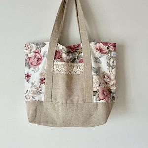 Sac à bandoulière à motif floral/Fourre-tout décontracté de tous les jours/Sac de plage à fleurs romantiques/Sac shopping en coton/Cadeau pour elle/Sac polyvalent pour femme/Naturel