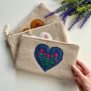 Reißverschluss-Beutel mit handgestickten Herzen/Segelstoff Baumwollsegeltuch Federmäppchen/Handgefertigte Taschenorganizer/Blumengeschenk/SchuleBüro