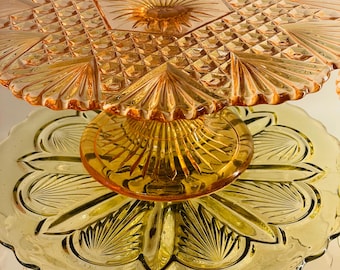 medium colorful pressed glass cake dishes