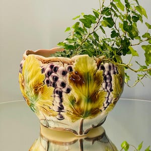 Puede incluir: Una maceta de cerámica decorativa con un diseño de uvas y hojas. La maceta presenta una combinación de colores amarillo y verde con uvas moradas. La maceta está llena de vides verdes y frondosas. La maceta se refleja en la superficie de abajo.