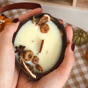 May include: A coconut shell candle filled with off-white wax, featuring embedded decorative elements including a star anise, two small dried pumpkins, a cinnamon stick, and a slice of dried orange, centred around a single wooden wick.