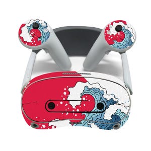 May include: A VR headset and controllers with a red, white, and blue wave pattern design. The headset and controllers are white and gray. The wave design is reminiscent of Japanese art.