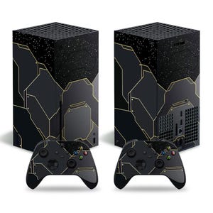 May include: A black and gold Xbox Series X console with a geometric pattern and a matching black and gold controller.
