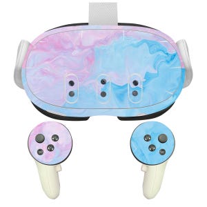 May include: A virtual reality headset with a pink and blue marbled design. The headset has two controllers with the same marbled design.
