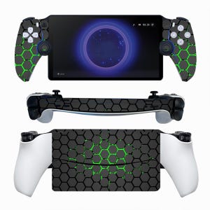 PS Portal Skin Hexagon Grid Wrap – Matte Black & Green Vinyl Console Decal