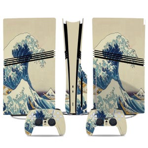 May include: A set of custom console and controller skins featuring a Japanese wave design. The console skin is beige with a blue and white wave design. The controller skin is beige with a blue and white wave design. The console skin is for the Playstation 5.