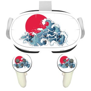 May include: A white VR headset with a blue and red wave design. The headset has two controllers with the same design.