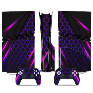 May include: A set of two black and purple video game controllers with a honeycomb pattern and pink neon accents. The controllers are for a PlayStation 5 console.