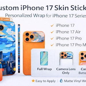 May include: Custom iPhone 17 skin stickers with a personalized wrap design. The image shows various phone case styles, including full wrap, camera lens only, and camera plus battery cover options. The cases feature a blue and orange cityscape design.