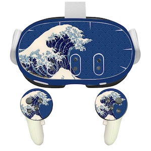 May include: A blue and white VR headset skin featuring a Japanese wave design. The skin is compatible with the Oculus Quest 2 VR headset. The skin includes two controller skins with the same design.