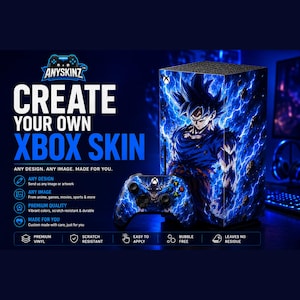 May include: An Xbox console and controller featuring a custom vinyl skin with a blue lightning-themed anime character graphic. The text reads ANYSKINZ, CREATE YOUR OWN XBOX SKIN, ANY DESIGN. ANY IMAGE. MADE FOR YOU, and lists features like premium vinyl.