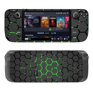 Może przedstawiać: Czarne przenośne urządzenie do gier z zielonym wzorem w kształcie plastra miodu z tyłu i z przodu. Urządzenie ma ekran, na którym wyświetlany jest interfejs Steam z ostatnimi grami, biblioteką i opcjami kontynuowania gry, wyszukiwania i wybierania.