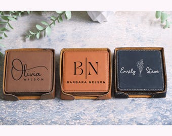Personalized Leather Coaster, Monogrammed Engraved Gift, Custom Coasters, Anniversary Gift, Corporate Gift, Christmas Gift, Gift For Mom