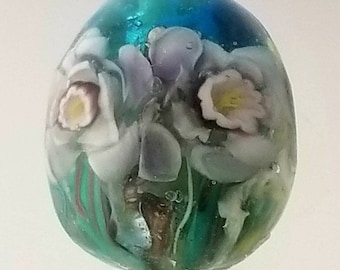 Lampwork Focal Bead- Floral Focal Floral Flower Glass Bead- Jewelry Supply by Sand and Surf Beads