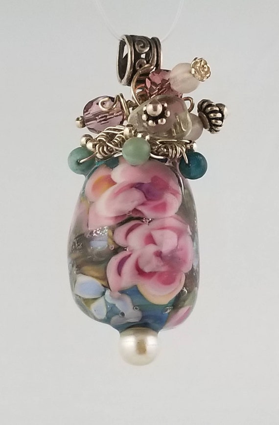 Rose Romantic Lampwork Glass Floral Bead Pendant by Sand and Etsy