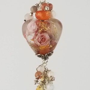 Floral Heart Pendant Bouquet of Roses Handmade Glass Lampwork Bead SRA by SandandSurfBeads