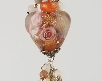 Floral Heart Pendant Bouquet of Roses Handmade Glass Lampwork Bead SRA by SandandSurfBeads