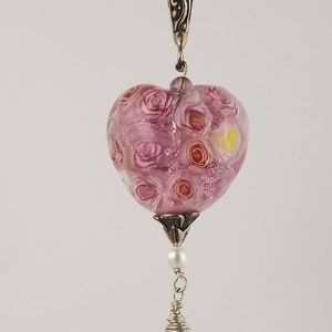 Floral Heart Pendant Bouquet of Roses Handmade Glass Lampwork Bead SRA by SandandSurfBeads