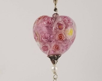 Floral Heart Pendant Bouquet of Roses Handmade Glass Lampwork Bead SRA by SandandSurfBeads