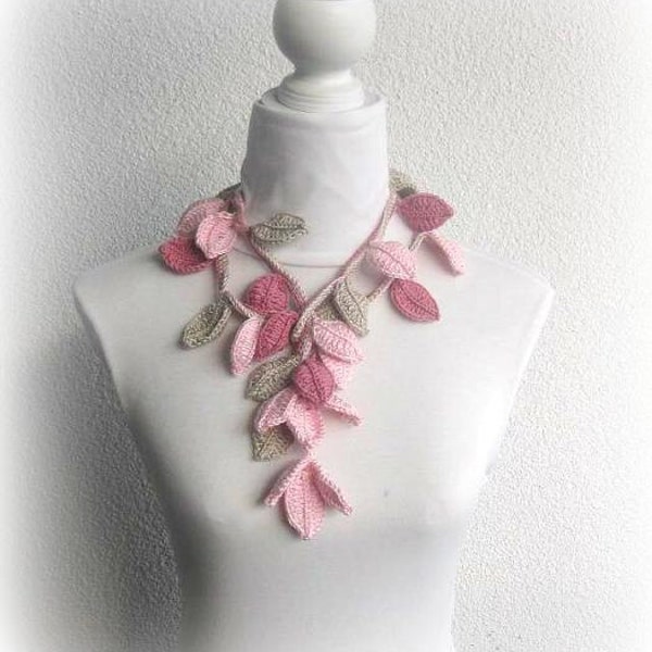 Crochet lariat scarf with Leaves in Dusty rose, pink, Champagner, Necklace