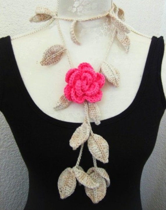 Items similar to Crochet Jewelry, Flower Necklace in Beige, Pink on Etsy