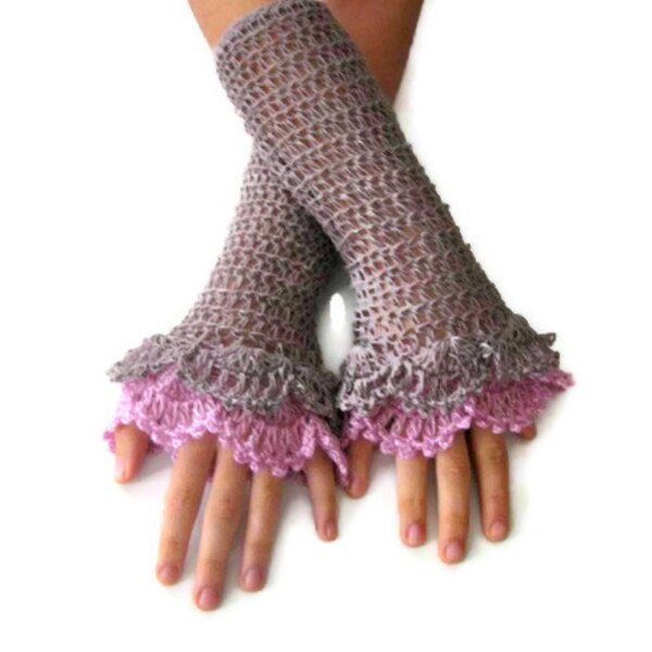 Fingerless Gloves , Gray, Grey, Pink, Elegant, Shabby, Chic, Lace gloves