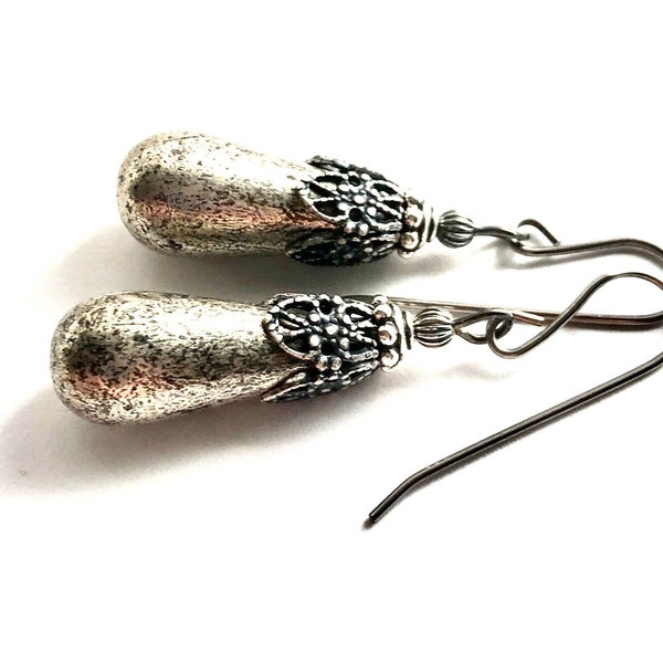 Silver Czech glass earrings, Czech glass teardrop earrings, silver glass earrings, glass dangle earrings, silver teardrop earrings