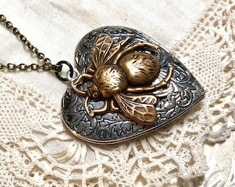 Etched Heart Locket Necklace: Golden Bee, Antique Silver or Brass, Valentine's Day gift