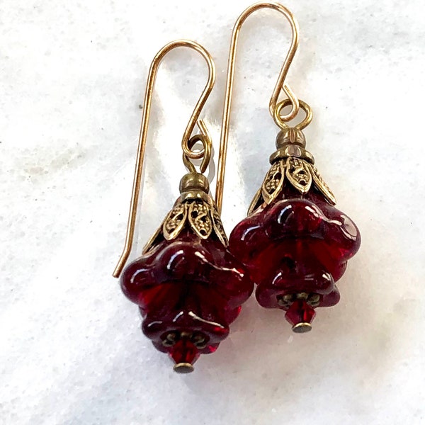Red Czech glass earrings, Vintage brass earrings, red flower drops, Christmas drop earrings