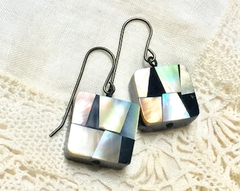 Mosaic Shell Earrings, Black White Cream, Vintage Beads