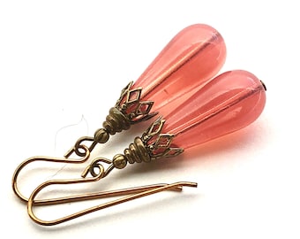 Pink Teardrop Czech Glass Earrings: Brass Dangle Drops