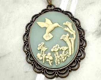 Vintage cameo pendant, hummingbird cameo necklace, blue white cameo, sweet floral cameo, Victorian cameo necklace