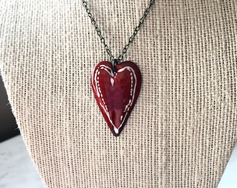 Hand Enameled Rustic Heart Pendant Necklace, Brass Chain, Customizable Length