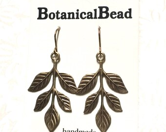 Brass Leaf Dangle Earrings: Botanical Woodland Jewelry