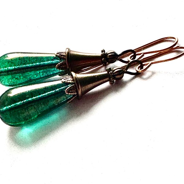 Green Czech glass earrings, Christmas earrings, glass drop earrings, green teardrop earrings, vintage earrings, Christmas gift