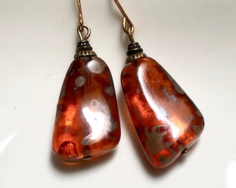 Czech Glass Drop Earrings: Brown Topaz, Brass Caps