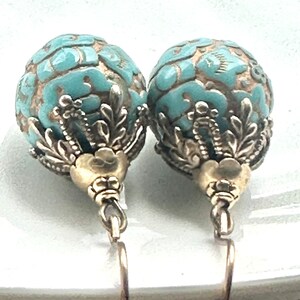 Vintage earrings, gold and turquoise earrings, green blue vintage drops, textured gold earrings, unique brass bead caps image 4