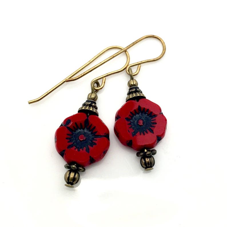 red black glass drops red glass flower earrings Red Czech glass earrings Red poppy glass earrings red drop earrings