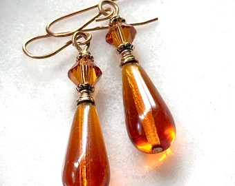 Amber Czech Glass Teardrop Earrings, Gold Plated Swarovski Crystal Accents