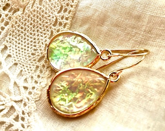 Aurora Borealis Earrings: Rainbow Resin Teardrop, Gold Filled Wires