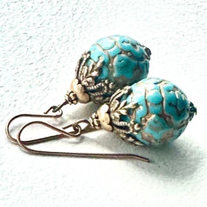 Vintage earrings, gold and turquoise earrings, green blue vintage drops, textured gold earrings, unique brass bead caps image 2