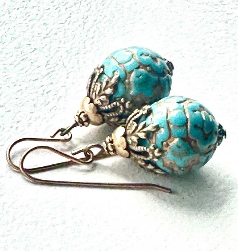 Vintage earrings, gold and turquoise earrings, green blue vintage drops, textured gold earrings, unique brass bead caps image 2