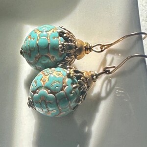Vintage earrings, gold and turquoise earrings, green blue vintage drops, textured gold earrings, unique brass bead caps image 7