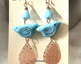 Whimsical blue bird earrings, Czech glass birds, gold teardrop drops, 22K gold ear wires