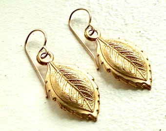 Gold Leaf Drop Earrings, Nature Inspired, Gold Filled Hooks