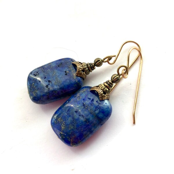 Lapis lazuli earrings, oxidized brass dangle drops, blue Lapis brass earrings, OOAK earrings, blue earrings, rectangle earrings